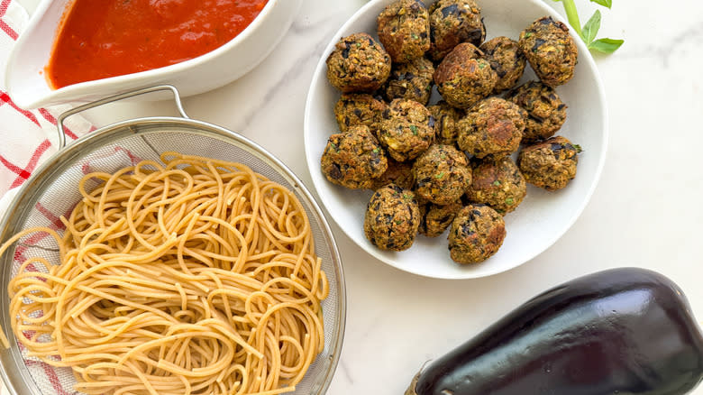 eggplant balls, pasta, sauce