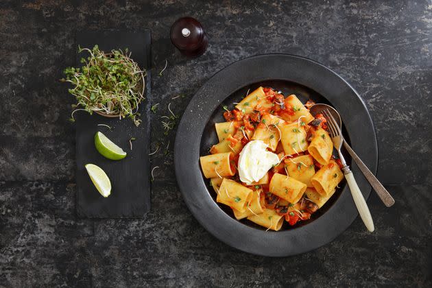 Paccheri with eggplant, tomato sauce and burrata.