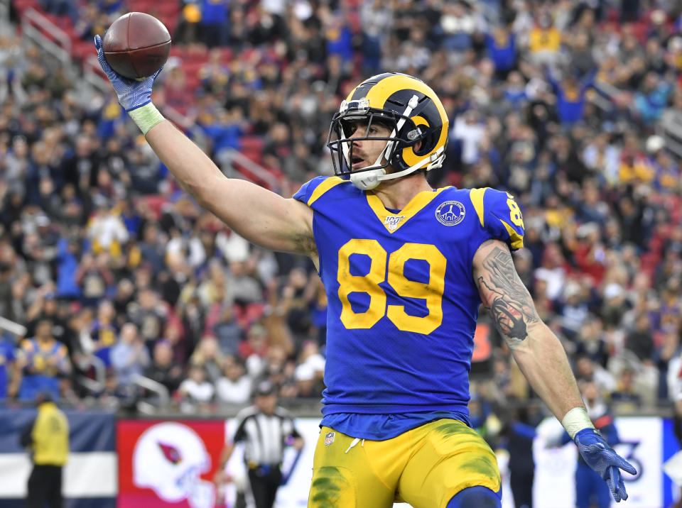 LOS ANGELES, CA - DECEMBER 29: Tyler Higbee #89 of the Los Angeles Rams celebrates a touchdown against the Arizona Cardinals at Los Angeles Memorial Coliseum on December 29, 2019 in Los Angeles, California. (Photo by John McCoy/Getty Images)