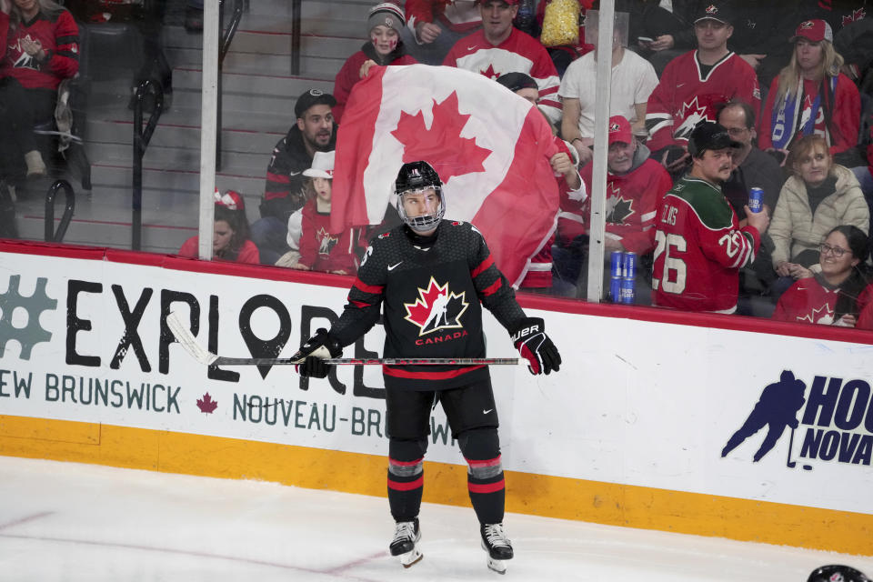 Canada's Connor Bedard during a break in play against Slovakia in IIHF world junior hockey championship quarterfinals action in Halifax, Nova Scotia, Monday, Jan. 2, 2023. (Darren Calabrese/The Canadian Press via AP)