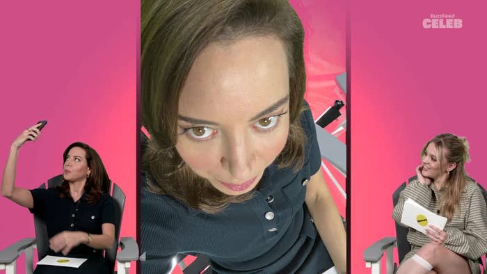 Aubrey Plaza taking a selfie while sitting in a chair. The collage also shows a close-up of her face and another photo of her looking at Maisy Stella, who is holding a card