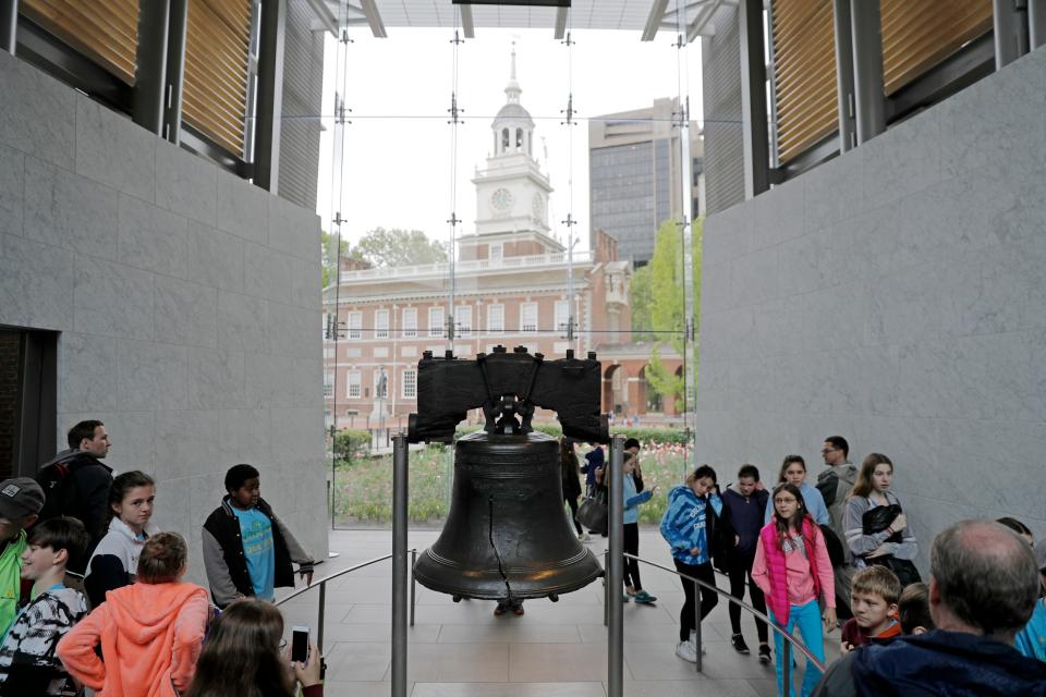 Shown is the Liberty Bell in view of Independence Hall in Philadelphia.