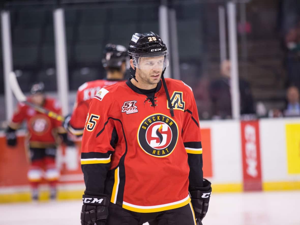 Blair Riley, a retired hockey forward with the Stockton Heat, is pictured in a file photo. The Stockton Heat was an affiliate of the Calgary Flames and played in Stockton, Calif. On May 23, the Flames announced the team would relocate to Calgary. The team was rebranded as the Calgary Wranglers on Tuesday. (TheAHL/Wikimedia Commons - image credit)