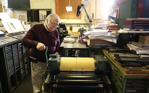 Stanley Lane photographed at his printing press in Stone House, Gloucestershire - Credit: John Lawrence