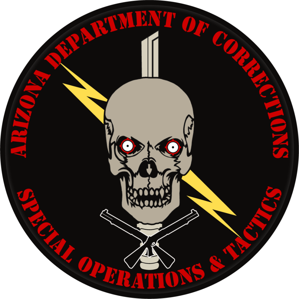 The Arizona Republic obtained a large batch of training materials saved on Arizona Department of Corrections servers and created for special operations units. Metadata on the electronic files indicates they were created over the course of three years, from 2018 to 2020. Among the files were images of a skull with a sword going through it, accompanied by a lightning bolt, shotguns, and the words “Arizona Department of Corrections Special Operations and Tactics.” The images were saved with filenames that suggest they were the possible designs for a uniform patch and a challenge coin.