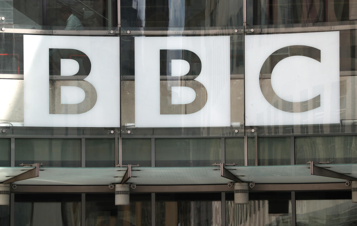 A view of the BBC New Broadcasting House sign in central London. (Photo by Jonathan Brady/PA Images via Getty Images)