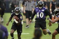 Baltimore Ravens quarterback Tyler Huntley runs the ball during practice at NFL football training camp Saturday, July 31, 2021, in Baltimore. (AP Photo/Gail Burton)