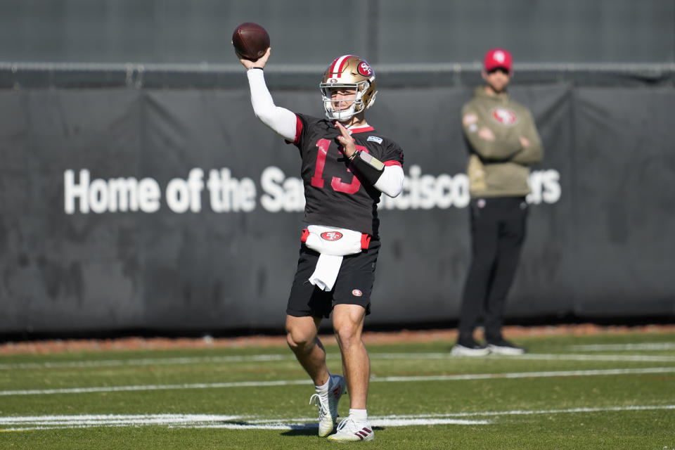 San Francisco 49ers quarterback Brock Purdy (13) passes during an NFL football practice in Santa Clara, Calif., Thursday, Jan. 26, 2023. The 49ers are scheduled to play the Philadelphia Eagles Sunday in the NFC championship game. (AP Photo/Jeff Chiu)