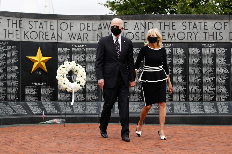 Democratic presidential candidate, former Vice President Joe Biden and Jill Biden, after laying a wreath at the Delaware Memorial Bridge Veterans Memorial Park, Monday, May 25, 2020, in New Castle, Del. (AP Photo/Patrick Semansky)