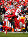 <p>Larry Fitzgerald #11 of the Arizona Cardinals narrowly misses making a catch during the first half of the game against Kansas City Chiefsat Arrowhead Stadium on November 11, 2018 in Kansas City, Missouri. (Photo by David Eulitt/Getty Images) </p>