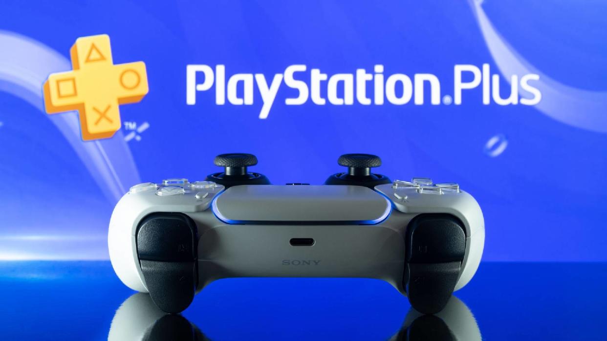  DualSense controller in front of PS Plus logo 