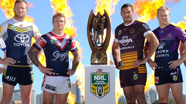 Gavin Cooper (Cowboys), Jake Friend (Roosters), Justin Hodges (Broncos) and Ryan Hinchcliffe (Storm) at last year's finals launch. Image: Getty