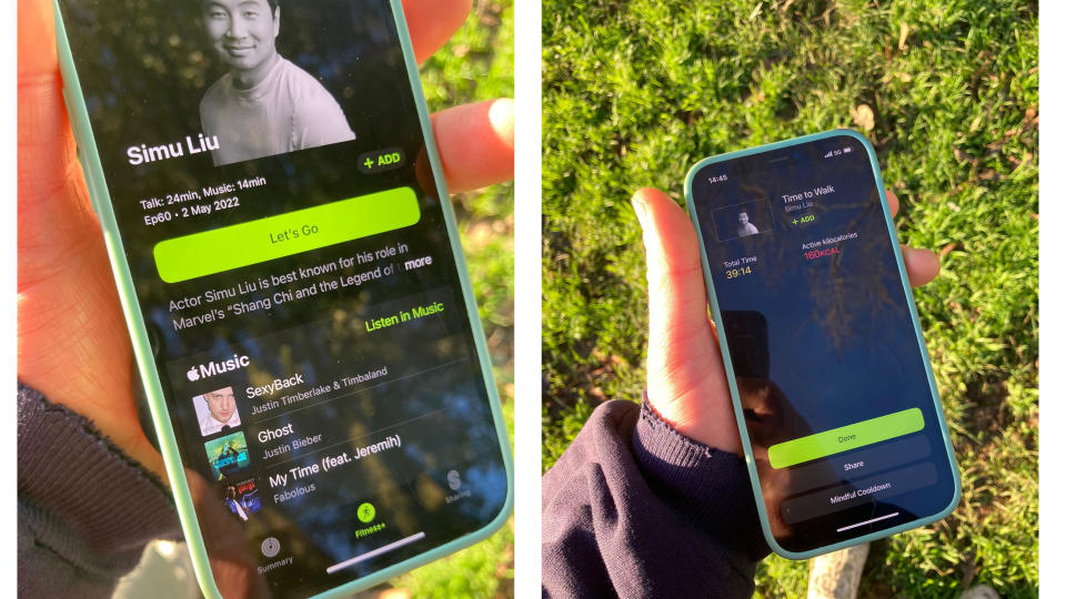 Close up on phone showing Time to Walk episode with Simu Liu
