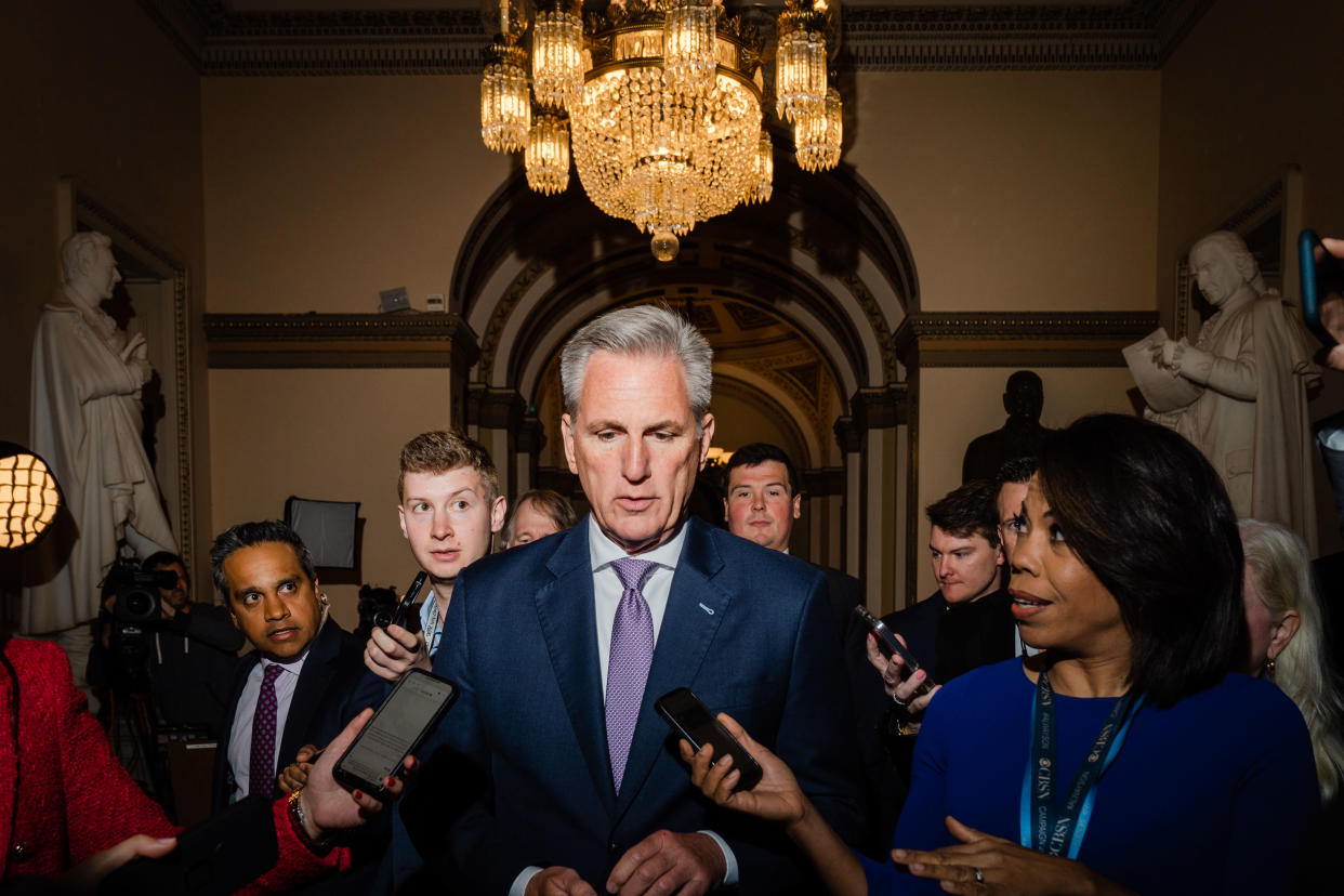 WASHINGTON, DC - APRIL 19: Speaker of the House Kevin McCarthy (R-CA) is surrounded by reporters after he leaves the House Floor to return to his office at the U.S. Capitol on Wednesday, April 19, 2023 in Washington, DC. McCarthy delivered remarks on the House floor, accounting the GOP's debt limit bill, which they call the Limit, Save, Grow Act. (Kent Nishimura / Los Angeles Times via Getty Images)