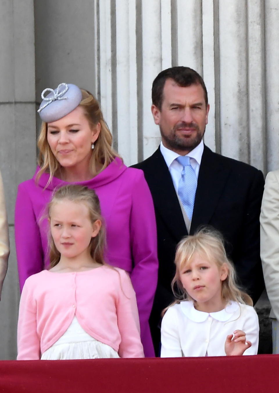 Autumn Phillips, Peter Phillips and their children Savannah Phillips and Isla Phillips stand on the balcony of Buckingham Palace following Trooping the Colour on June 08, 2019 in London, England.