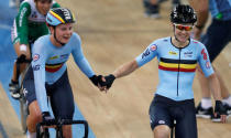 Cycling - UCI Track World Championships - Women's Madison, Final - Hong Kong, China – 15/4/17 - Belgium’s Lotte Kopecky celebrates with Jolien D'hoore after winning gold. REUTERS/Bobby Yip