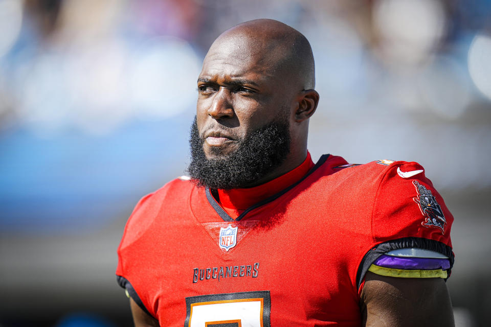 FILE - Tampa Bay Buccaneers running back Leonard Fournette looks on prior to an NFL football game against the Carolina Panthers, Oct. 23, 2022, in Charlotte, N.C. The Buffalo Bills replenished their running back depth by signing Leonard Fournette to their practice squad on Tuesday, Oct. 31, 2023. (AP Photo/Rusty Jones, File)