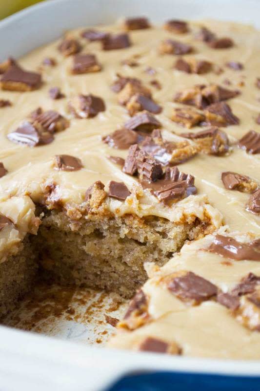 <p>Scrummy Lane</p><p>These banana sheet cake bars recipe is smothered with an easy peanut butter fudge icing... and they feed a hungry holiday crowd. </p><p><strong>Get the recipe: </strong><a href="https://scrummylane.com/banana-sheet-cake-peanut-butter-fudge-frosting/" rel="nofollow noopener" target="_blank" data-ylk="slk:Banana Cake with Peanut Butter Fudge Frosting;elm:context_link;itc:0;sec:content-canvas" class="link "><strong>Banana Cake with Peanut Butter Fudge Frosting</strong></a></p>