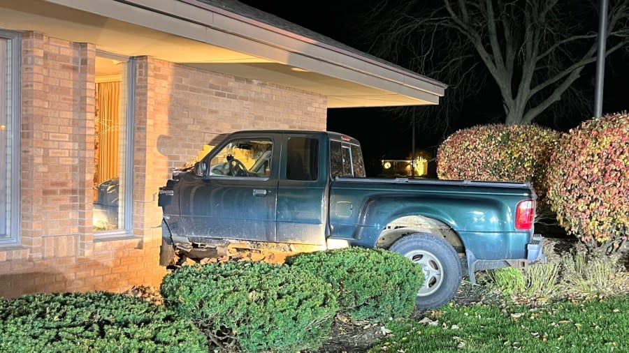 A pickup truck crashed into Metcalf and Jonkhoff Funeral Service near Grand Rapids on Nov. 14, 2023. (Courtesy Nicki Metcalf)