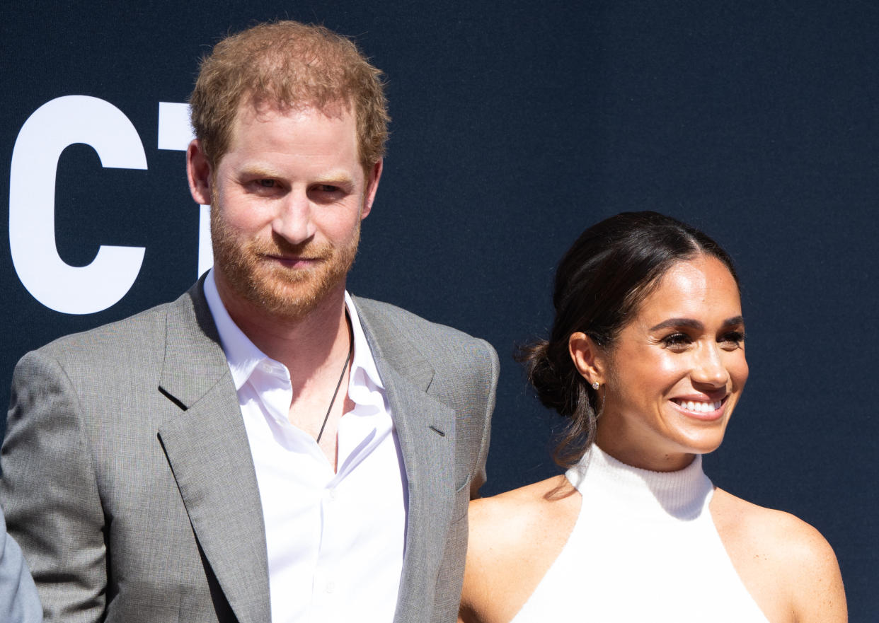 DUSSELDORF, GERMANY - SEPTEMBER 06: Prince Harry, Duke of Sussex and Meghan, Duchess of Sussex during the Invictus Games Dusseldorf 2023 - One Year To Go launch event on September 06, 2022 in Dusseldorf, Germany. The Invictus Games will be held in Germany for the first time in September 2023. (Photo by Samir Hussein/WireImage)
