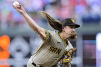 San Diego Padres starting pitcher Mike Clevinger throws during the first inning of a baseball game against the Philadelphia Phillies, Tuesday, May 17, 2022, in Philadelphia. (AP Photo/Derik Hamilton)