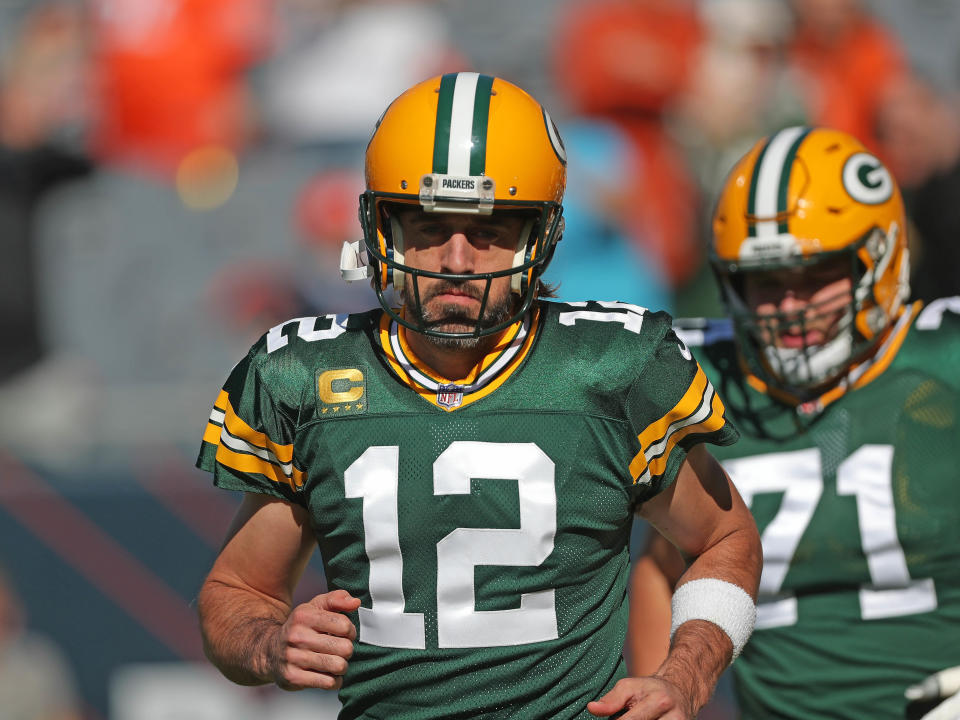 Green Bay Packers quarterback Aaron Rodgers (12) prior to a game against the Chicago Bears at Soldier Field.