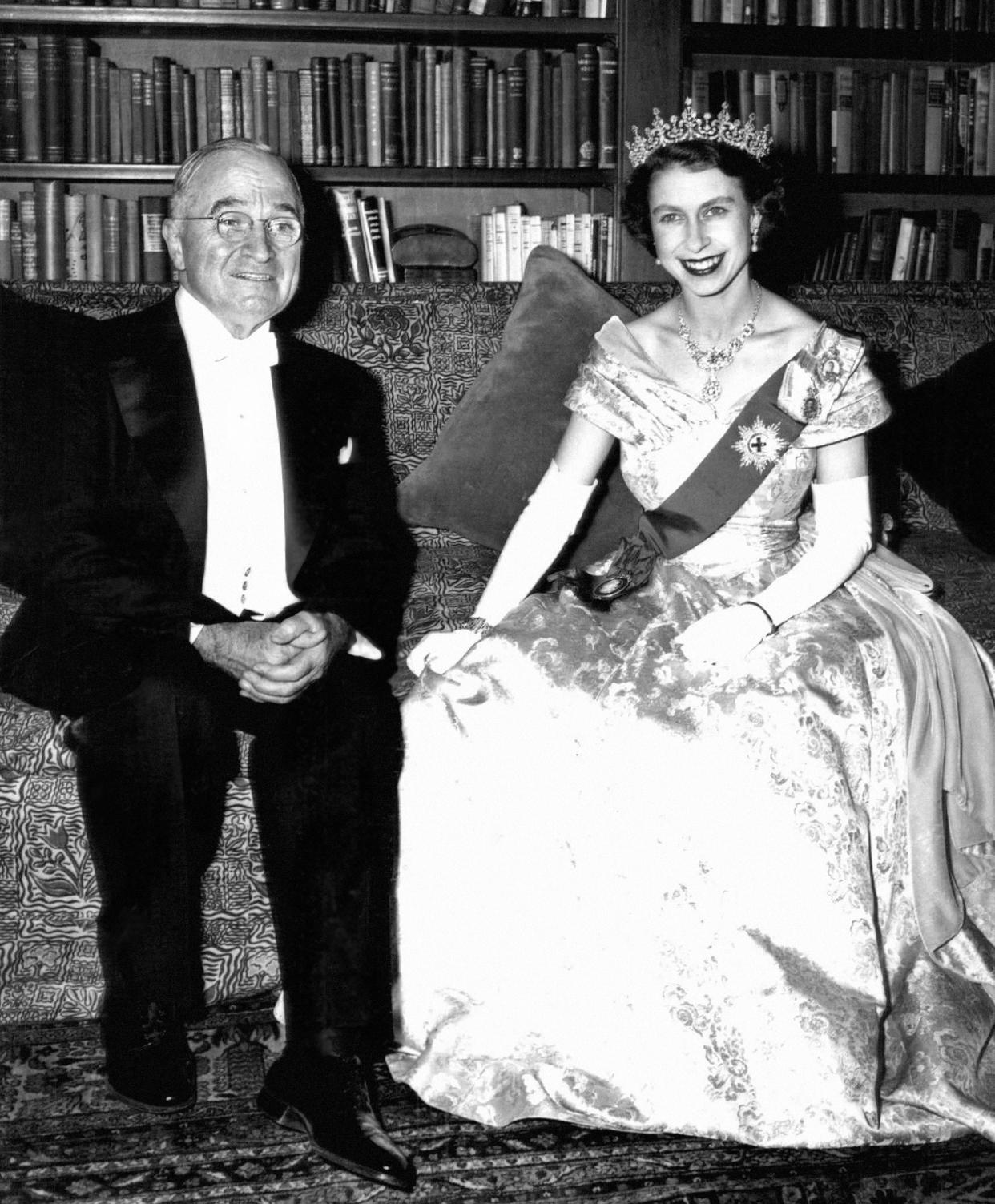 Princess Elizabeth, shortly before being crowned Queen, and President Harry Truman (33rd president) sit for a picture in the Canadian Embassy in Washington, on Nov. 1, 1951. The Princess and her husband, the Duke of Edinburgh, played host to the Trumans.