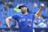 Toronto Blue Jays starting pitcher Robbie Ray pitches in the first inning of a baseball game against the Tampa Bay Rays in Toronto on Wednesday, Sept. 15, 2021. (Jon Blacker/The Canadian Press via AP)