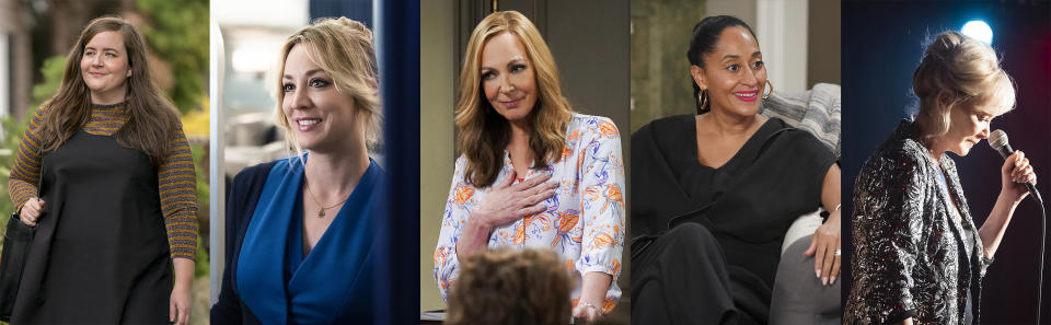 This combination of photos shows Emmy nominees for best lead actress in a comedy series, from left, Aidy Bryant in "Shrill," Kaley Cuoco in "The Flight Attendant," Allison Janney in "Mom," Tracee Ellis Ross in "black-ish," and Jean Smart in "Hacks." (Hulu/HBO Max/CBS/ABC/HBO Max via AP)