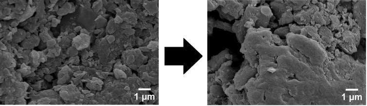 <span class="caption">This electron microscope image shows the transformation of montmorillonite clay, left, a common component of soil, into a geopolymer, right.</span> <span class="attribution"><span class="source">Alastair Marsh</span></span>