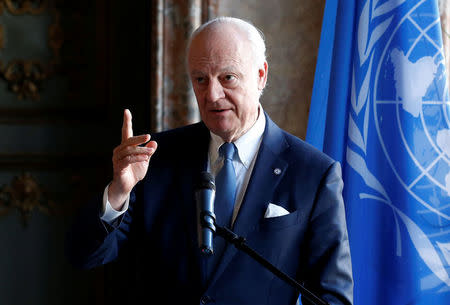 U.N. Special Envoy for Syria Staffan de Mistura briefs the media during an international conference on the future of Syria and the region, in Brussels, Belgium, April 4, 2017. REUTERS/Francois Lenoir