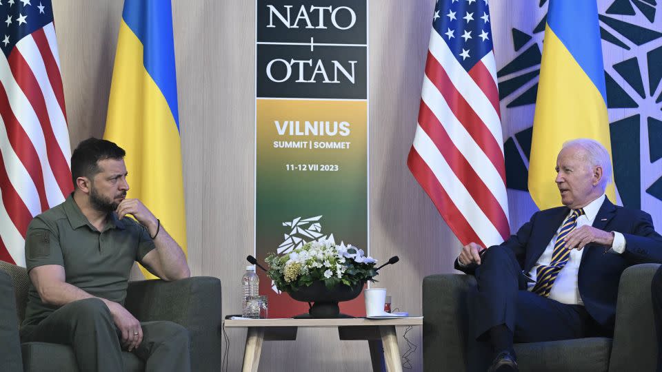 US President Joe Biden (R) attends a meeting with Ukrainian President Volodymyr Zelensky at the sidelines of the NATO Summit in Vilnius on July 12, 2023. (Photo by ANDREW CABALLERO-REYNOLDS / AFP) (Photo by ANDREW CABALLERO-REYNOLDS/AFP via Getty Images) - Andrew Caballero-Reynolds/AFP/Getty Images