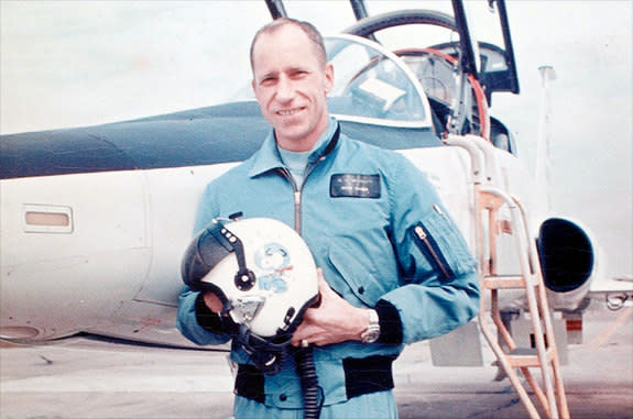 Apollo 15 astronaut Al Worden seen wearing his original NASA-issued blue flight jacket.