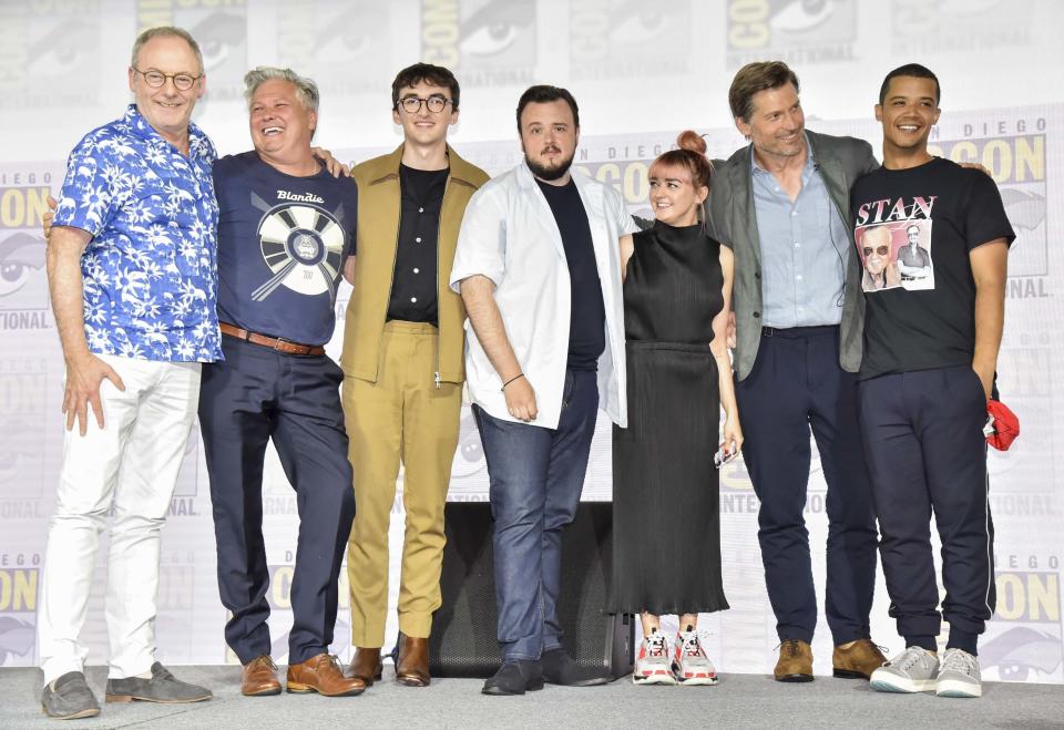 SAN DIEGO, CALIFORNIA - JULY 19: Liam Cunningham, Conleth Hill,  Isaac Hempstead, Isaac Hempstead, Maisie Williams, Nikolaj Coster-Waldau, and Jacob Anderson at “Game Of Thrones” Comic Con Autograph Signing 2019 on July 19, 2019 in San Diego, California. (Photo by Jeff Kravitz/FilmMagic for HBO)