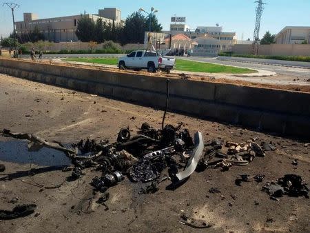 A general view shows the site of an explosion near the town of al Saboura, along a road which leads onto the Beirut-Damascus highway, Syria in this handout picture provided by SANA on September 5, 2016. SANA/Handout via REUTERS