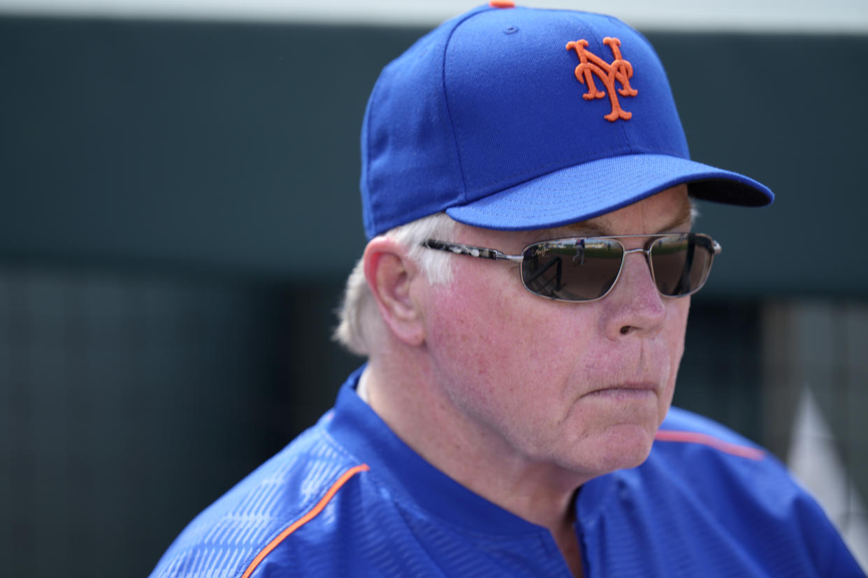 JUPITER, FLORIDA - MARCH 21: Manager Buck Showalter #11 of the New York Mets looks on from the dugout in the fifth inning against the Miami Marlins in the Spring Training game at Roger Dean Stadium on March 21, 2022 in Jupiter, Florida. (Photo by Mark Brown/Getty Images)