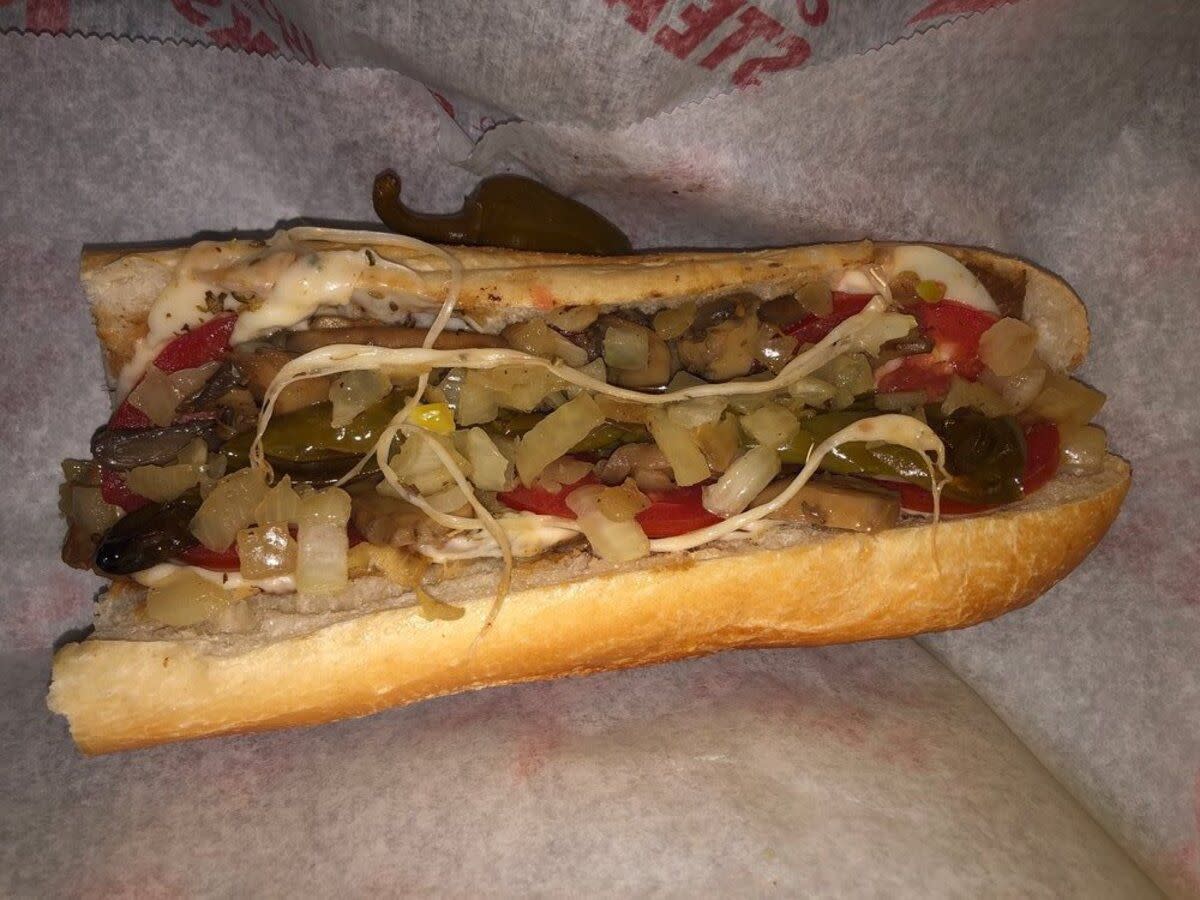 The Old Fashioned Sandwich on red logo on white serving paper, Philip's Steaks, Philadelphia