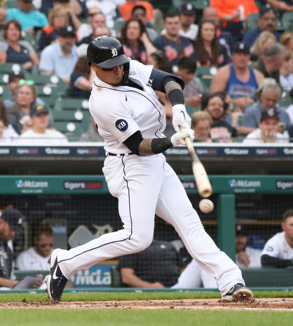 Detroit Tigers shortstop Javier Baez (28) singles against Oakland in a May game.