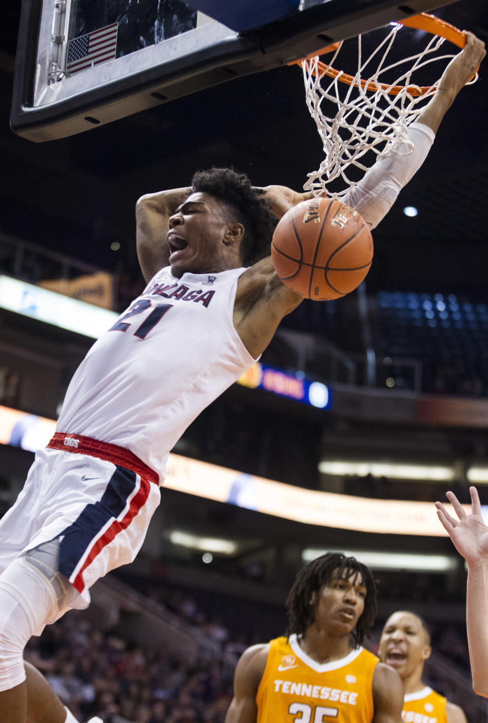 Gonzaga's Rui Hachimura (21) slams one home against Tennessee during the first half of an NCAA college basketball game Sunday, Dec. 9, 2018, in Phoenix. (AP Photo/Darryl Webb)