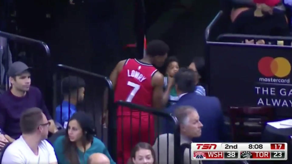 Kyle Lowry, kissing babies like a true politician. (TSN screen shot)