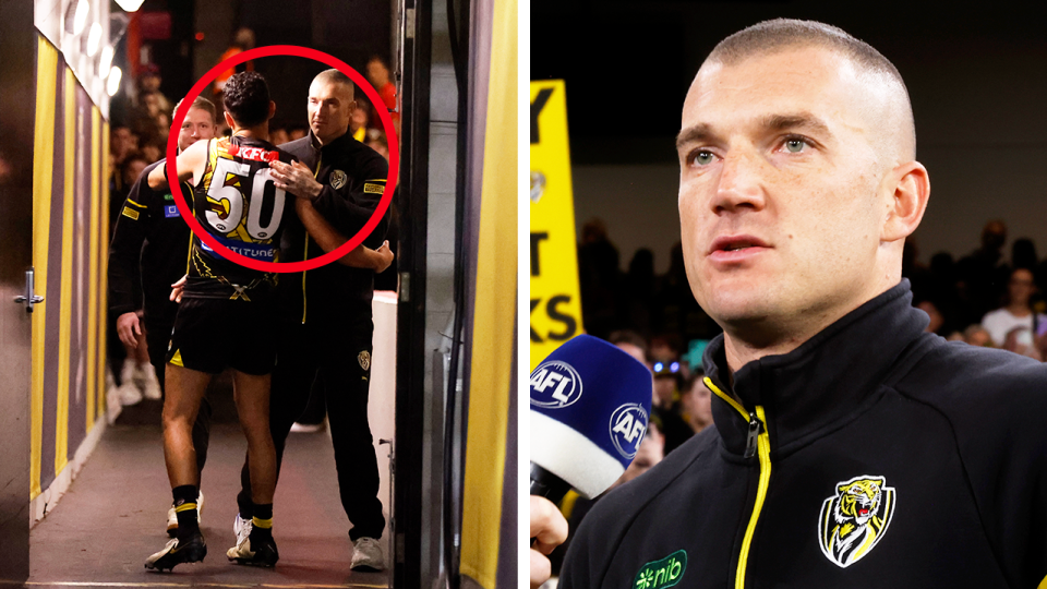 Dustin Martin (pictured) has farewelled Richmond fans in a fitting tribute with the media-shy superstar shedding a tear. (Getty Images)