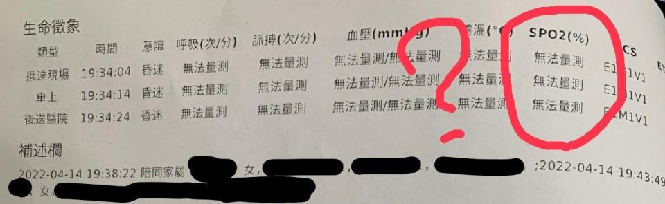 恩恩爸爸貼出消防局提供的資料，血氧顯示無法測量。（翻攝自恩恩爸爸臉書）