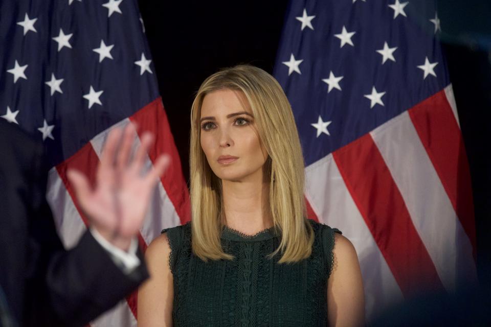 Ivanka Trump looks on as her her father, Republican presidential hopeful Donald Trump, speaks during a campaign event at the Aston Township Community Center on Sept. 13 in Aston, Pa. (Photo: Mark Makela/Getty Images)