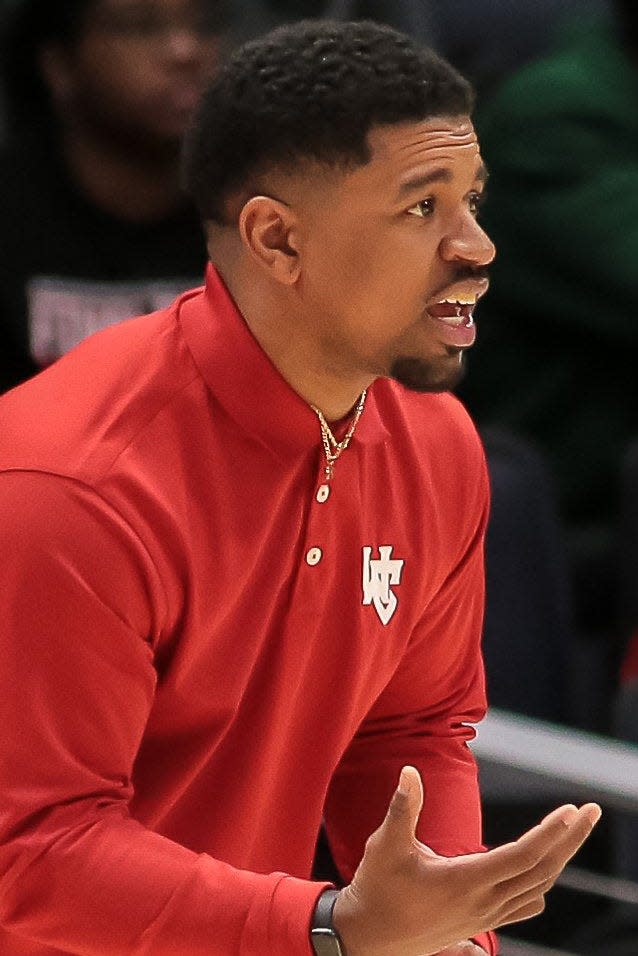 Warrior Head Coach Jason Dawson appeals a call during the OHSAA D3 Final at at Dayton Flyers Arena in Dayton, Ohio on March 12,2022.