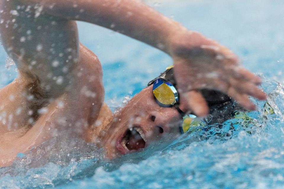 Jack Barnett of Richfield High School competes in the men’s 200 free swimming preliminaries for state championships at BYU’s Richards Building in Provo on Friday, Feb. 16, 2024. | Marielle Scott, Deseret News