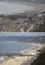 A combo of photos showing of people enjoying the hot weather at a busy Bournemouth beach, Dorset, England during the Easter bank holiday weekend on April 20, 2019, top, and the near deserted beach on Friday April 10, 2020 as the UK continues in lockdown to help curb the spread of the coronavirus. The highly contagious COVID-19 coronavirus has impacted on nations around the globe, many imposing self isolation and exercising social distancing when people move from their homes. (Andrew Matthews/PA via AP)