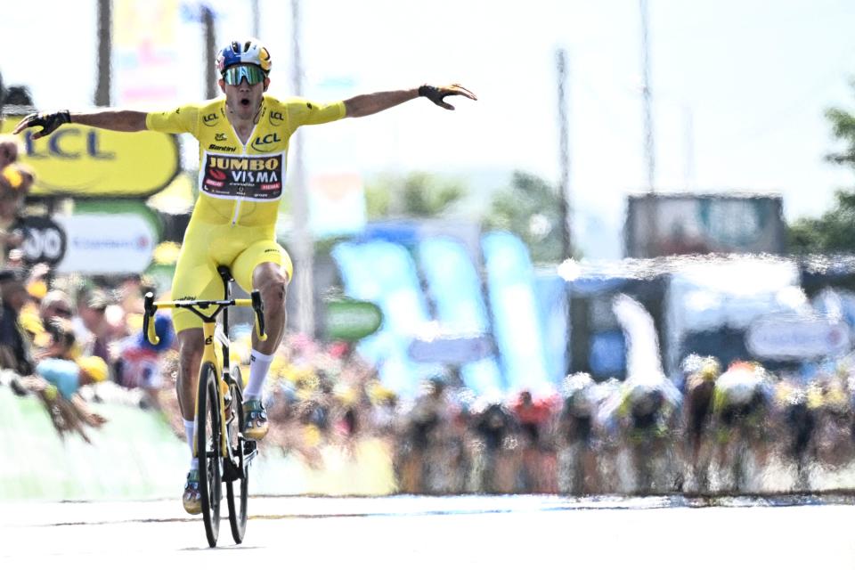 Belgian Wout Van Aert of Team Jumbo-Visma celebrates after winning stage four of the Tour de France cycling race, a 171.5 km race from Dunkerque to Calais, France on Tuesday 05 July 2022. This year's Tour de France takes place from 01 to 24 July 2022. BELGA PHOTO JASPER JACOBS - UK OUT (Photo by JASPER JACOBS / BELGA MAG / Belga via AFP) (Photo by JASPER JACOBS/BELGA MAG/AFP via Getty Images)