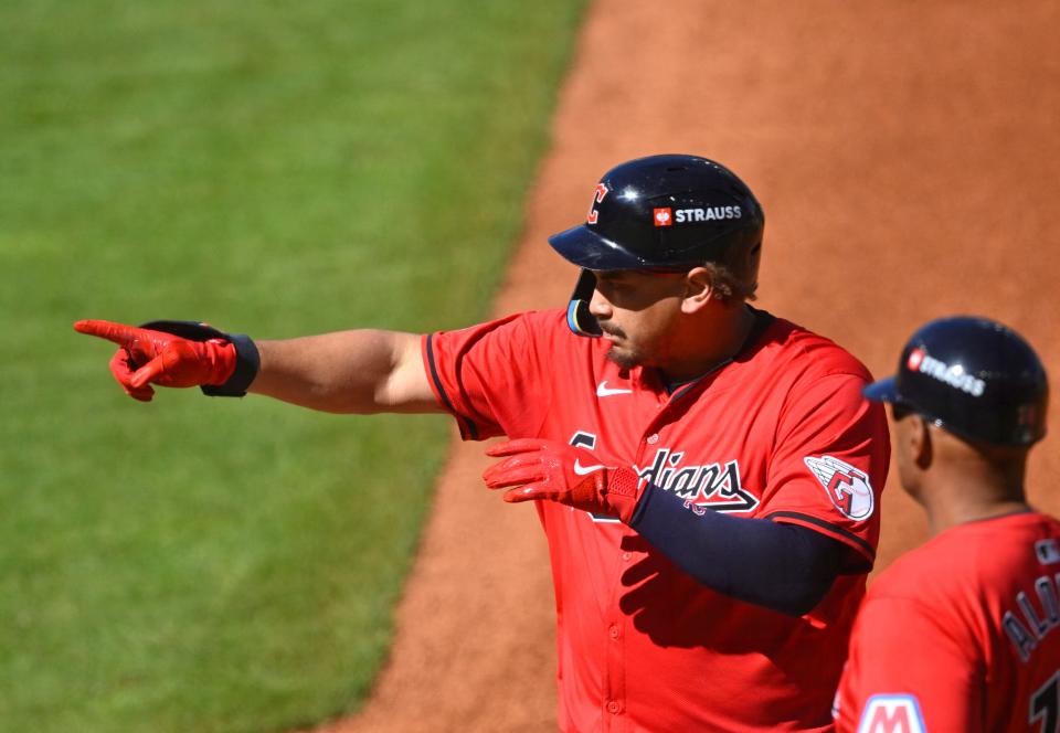 Guardians first baseman Josh Naylor reacts after a RBI single against the Tigers in the first inning in Game 1 of the ALDS, Oct. 5, 2024, in Cleveland.