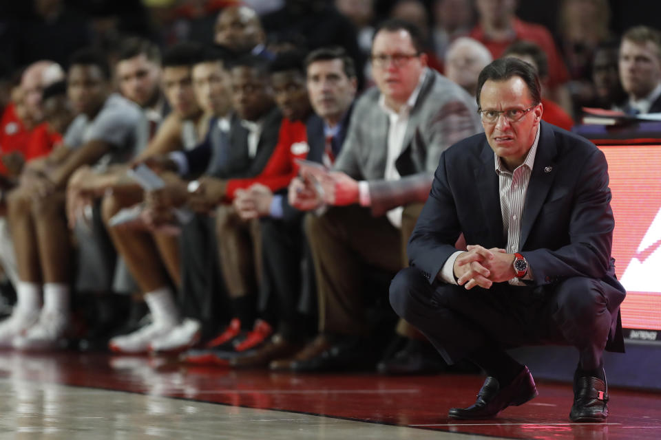 Georgia coach Tom Crean reacts during the team's NCAA college basketball game against South Carolina on Wednesday, Feb. 12, 2020, in Athens, Ga. (Joshua L. Jones/Athens Banner-Herald via AP)