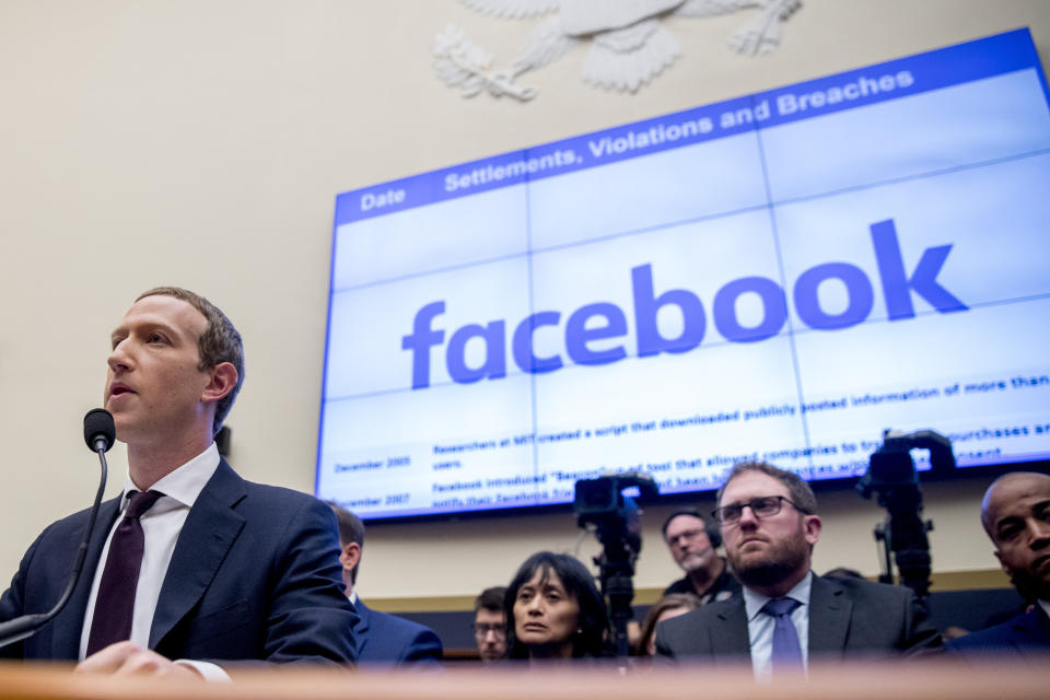 Facebook CEO Mark Zuckerberg testifies before a House Financial Services Committee hearing on Capitol Hill in Washington, Wednesday, Oct. 23, 2019, on Facebook's impact on the financial services and housing sectors. (AP Photo/Andrew Harnik)